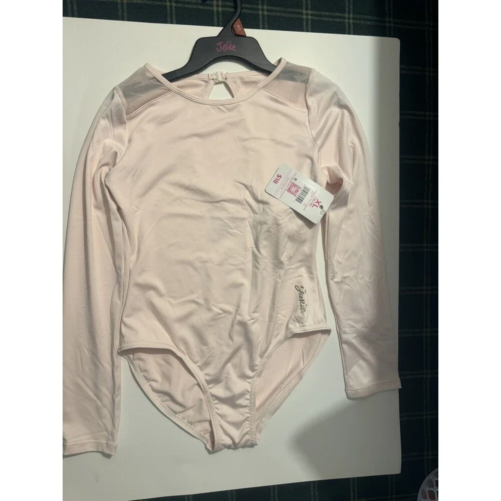 Justice Girls Pink Long Sleeve Leotard Dance Gymnastics XL 16-18 w/ Scrunchie